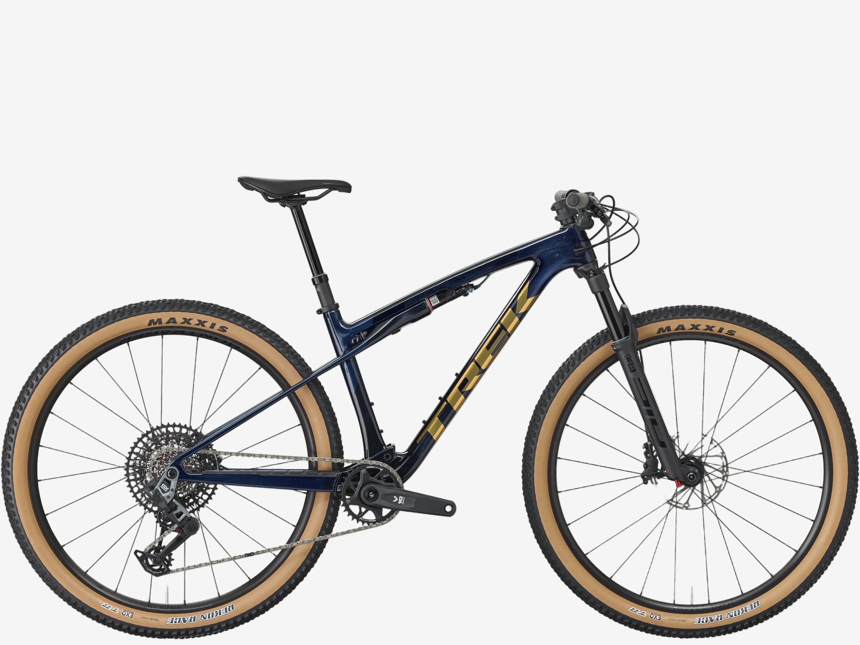 Mountain bike with blue frame and tan tires on a white background