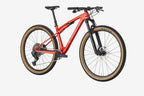 Red mountain bike with black components on a white background