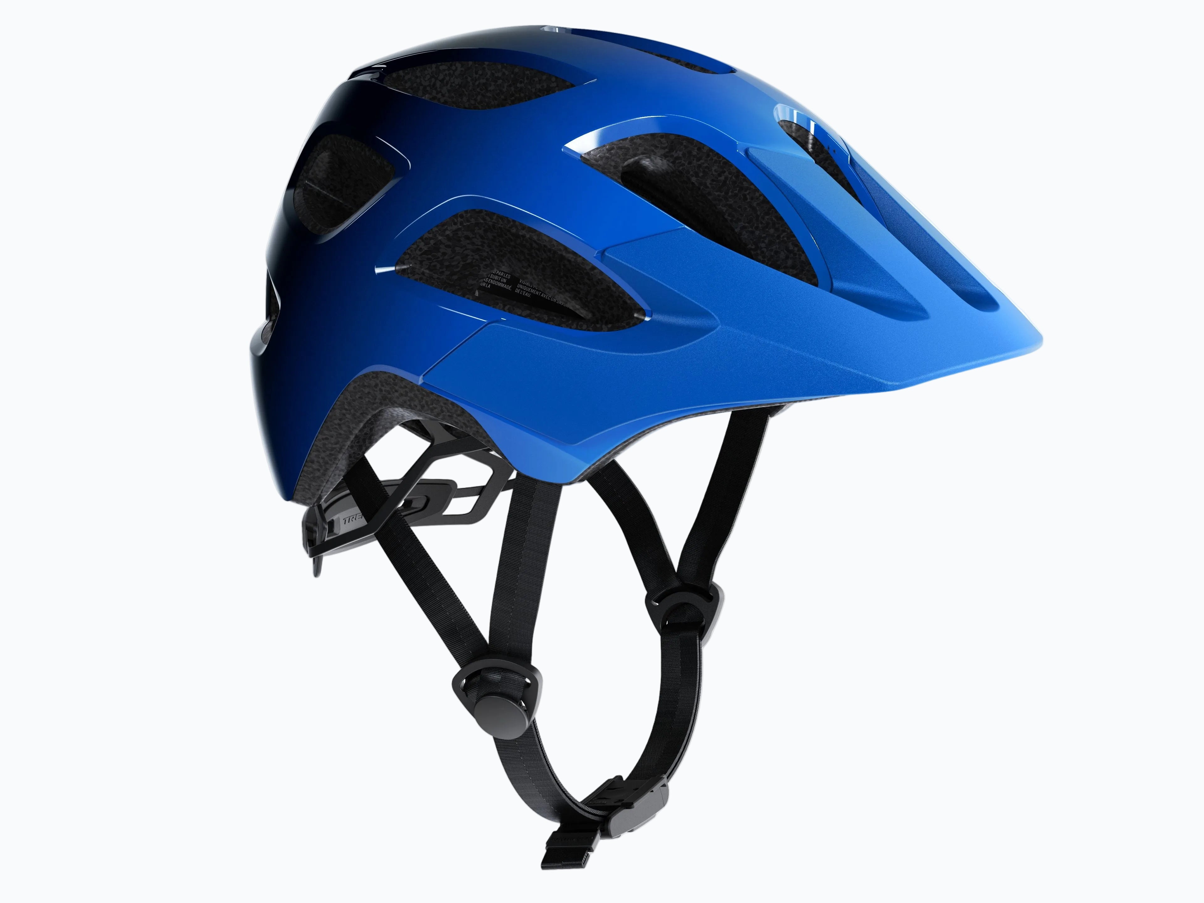 Blue helmet with black straps on a white background