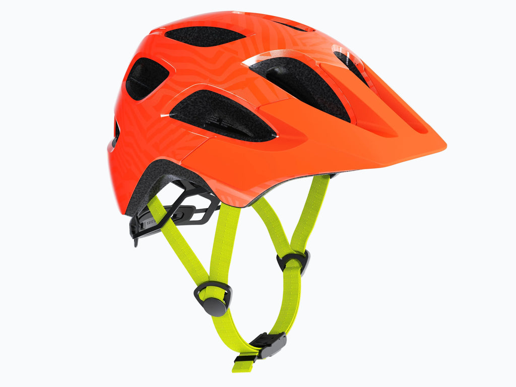 Orange helmet with yellow straps on a white background