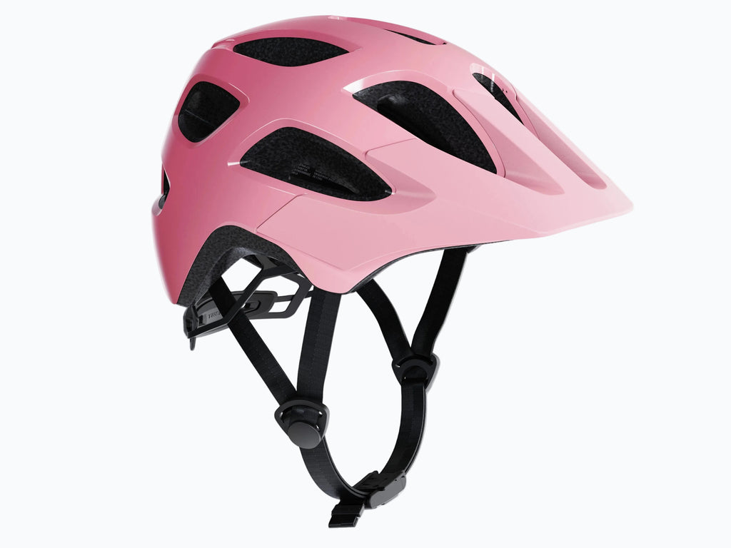 Pink helmet with black straps on a white background