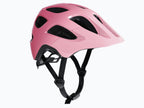 Pink helmet with black straps on a white background