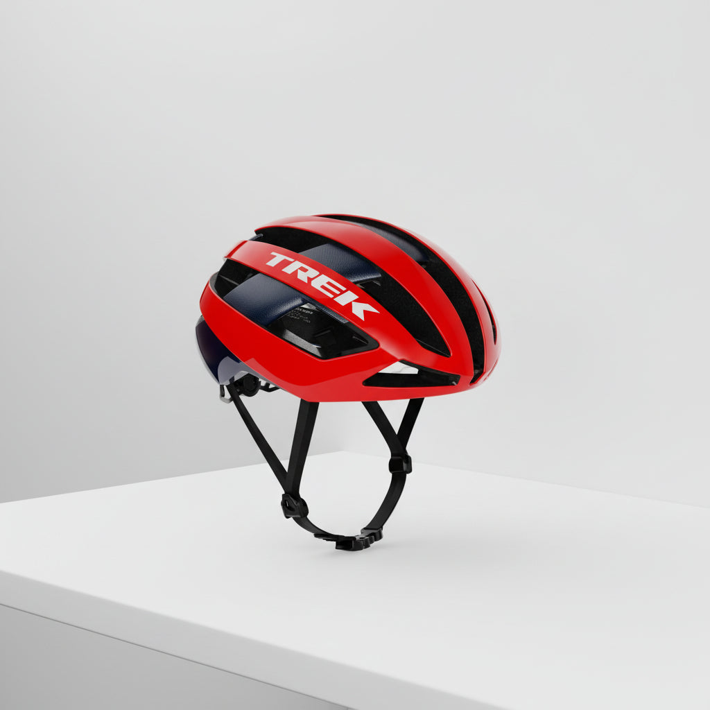 Red bicycle helmet with black accents and 'Trek' branding on a white background