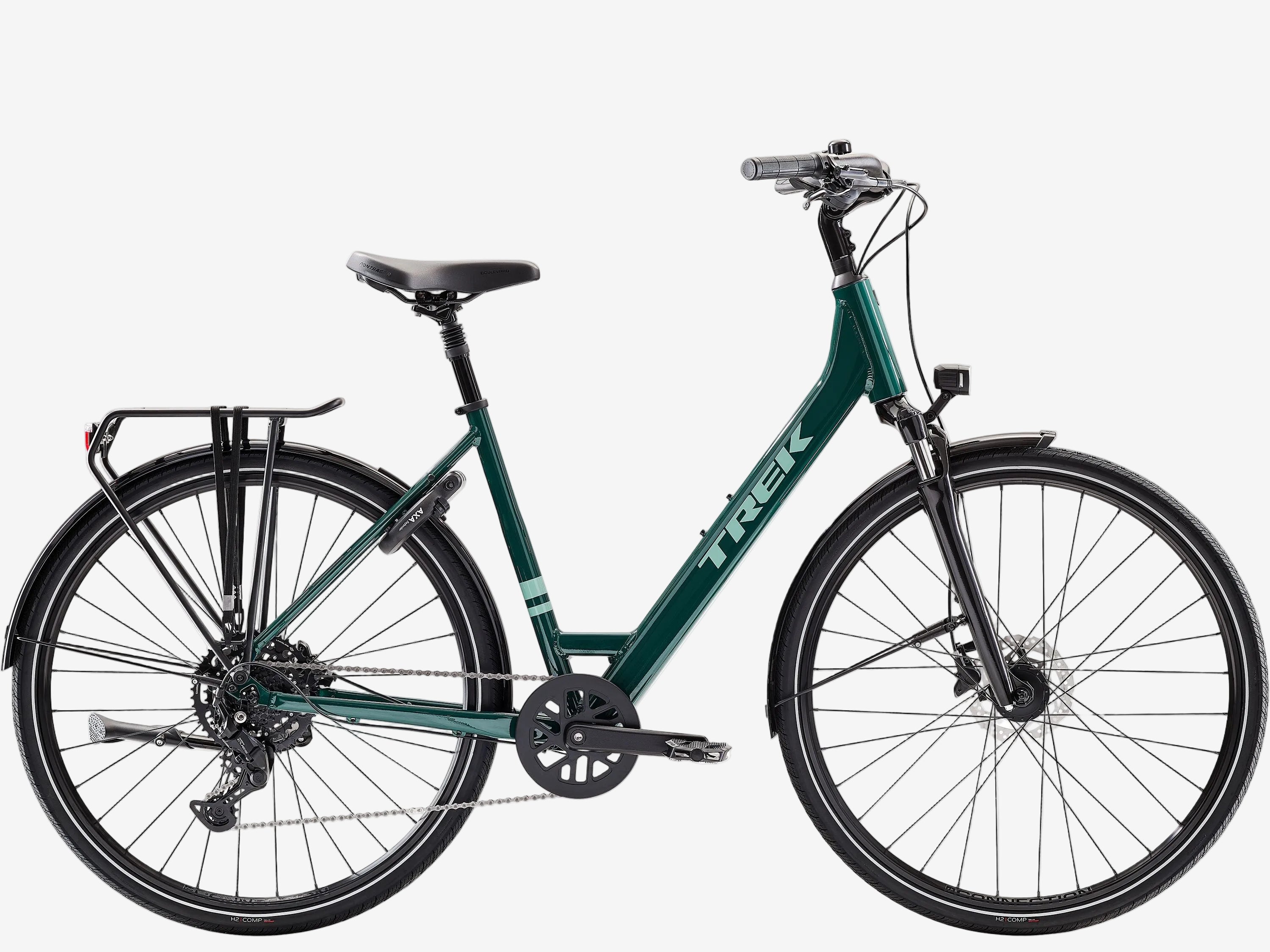 Green bicycle with black accents on a white background