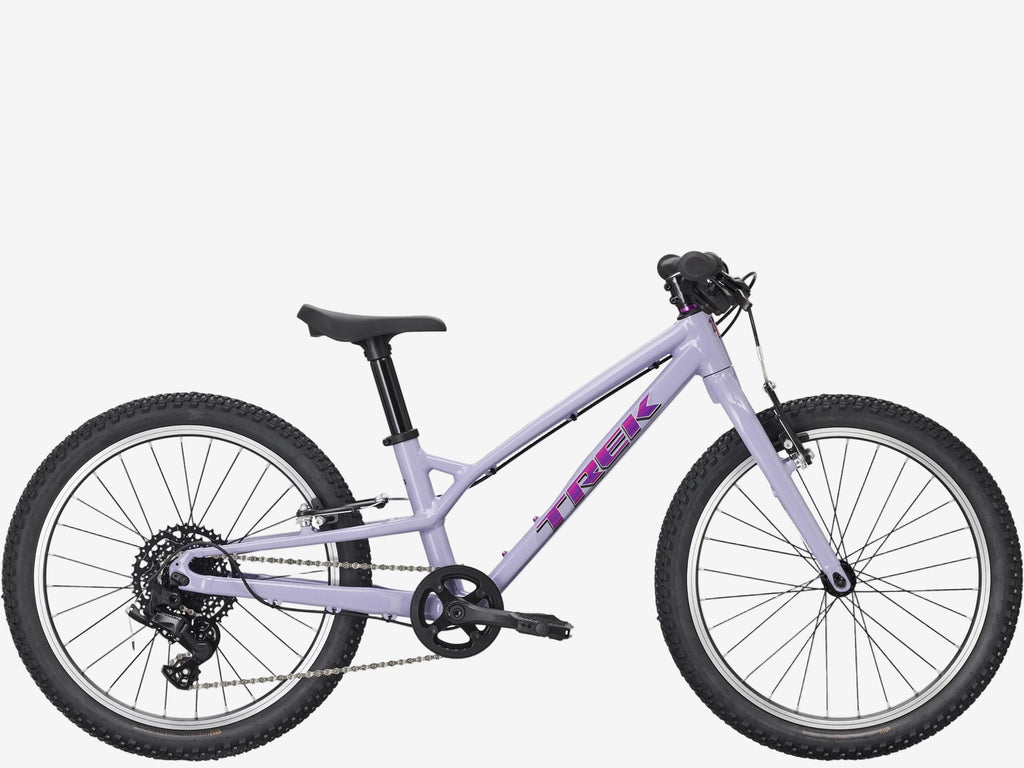 Children's bicycle with purple frame and black components on a white background