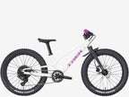 White children's bike with purple accents on a white background