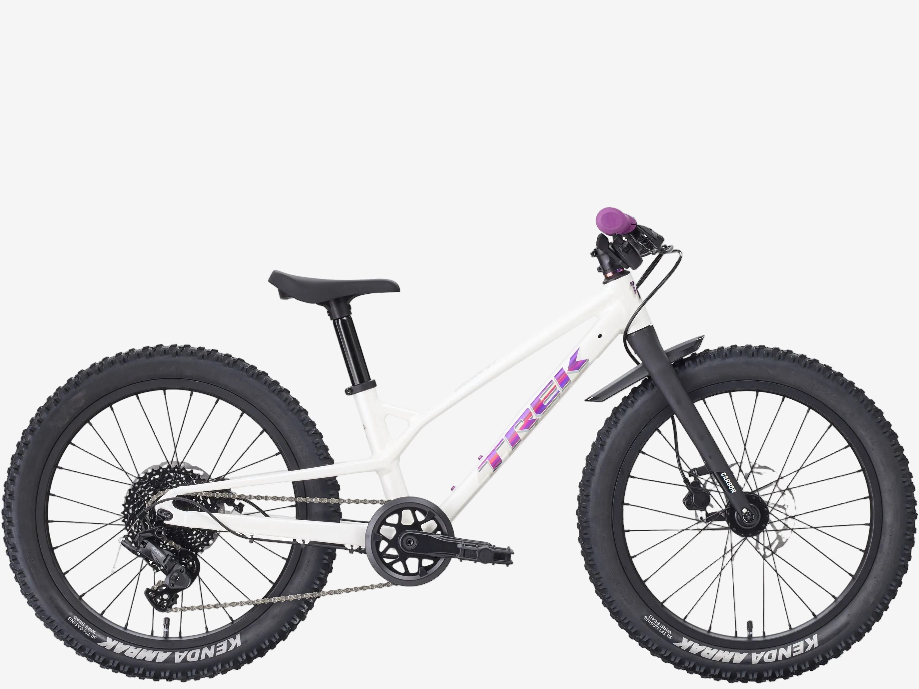 White children's bike with purple accents on a white background