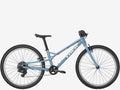 Blue bicycle with 'Trek' branding on a white background