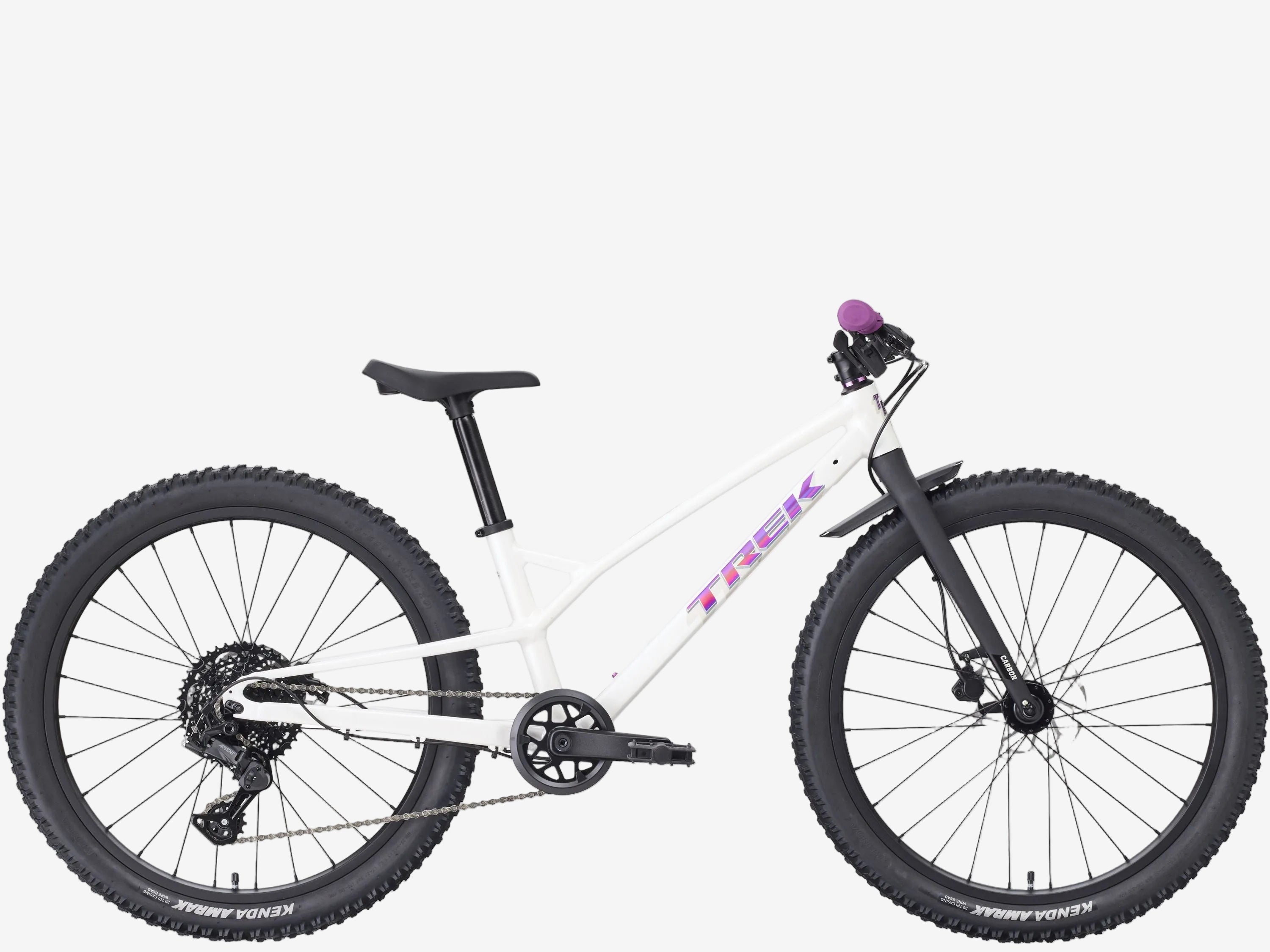 White bicycle with purple accents on a white background